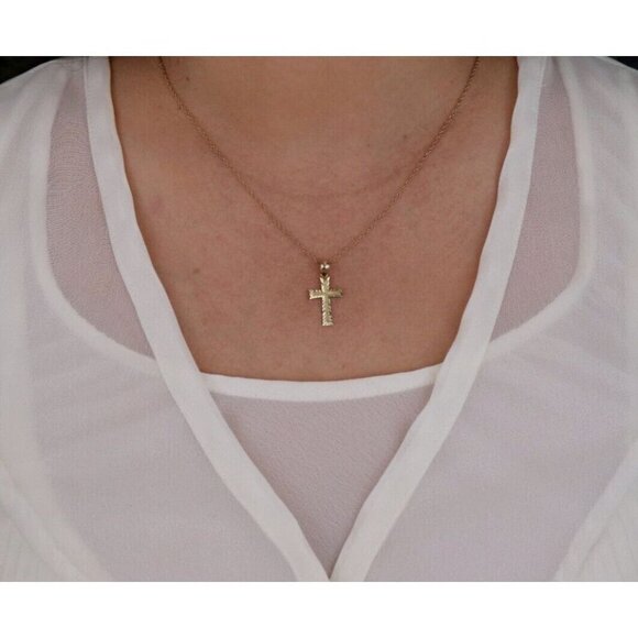 14k Yellow Gold Cross Necklace 18" Chain - Picture 4 of 7